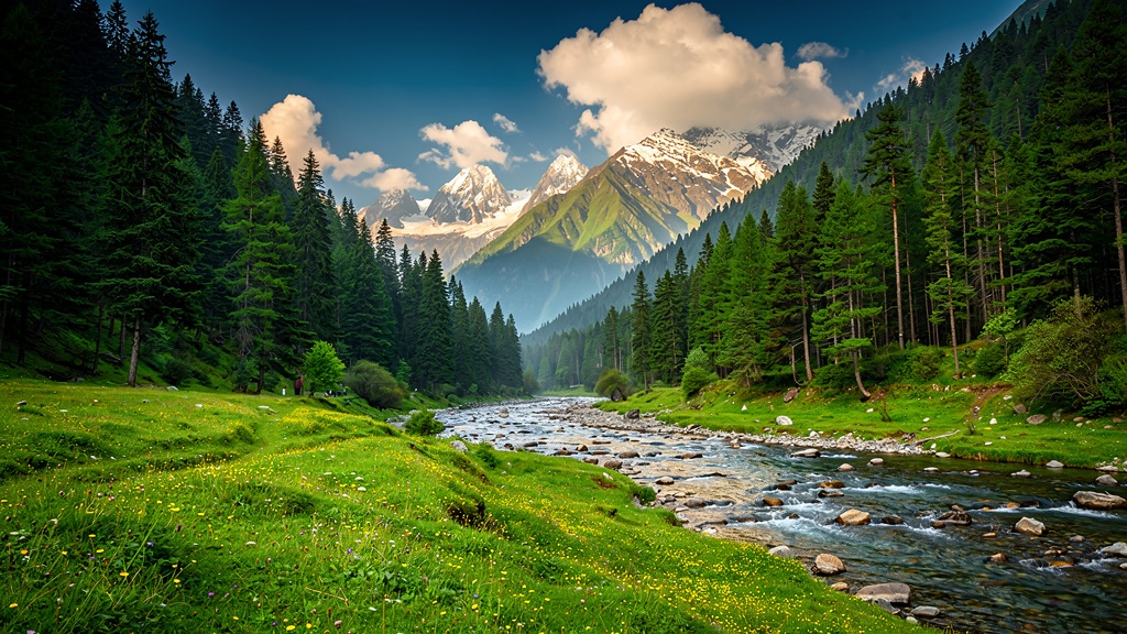Betaab Valley in Pahalgam with lush green meadows and mountains