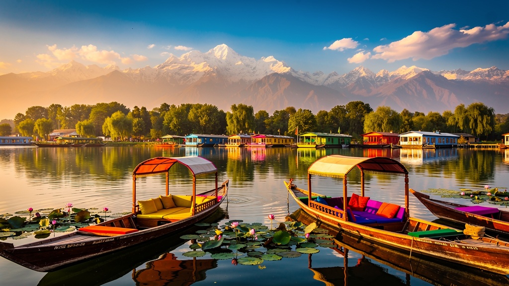 Dal Lake Srinagar with shikara boats and snow-capped Himalayan mountains