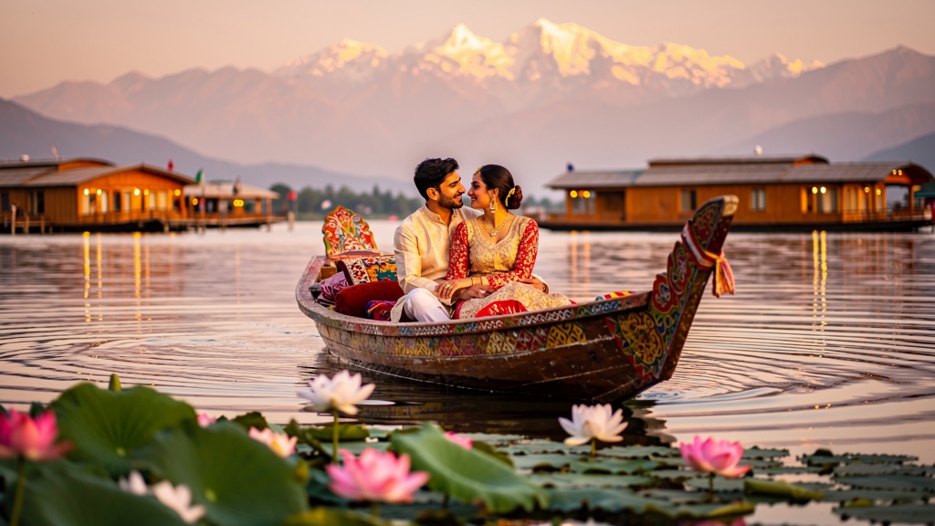 Romantic couple on shikara boat on Dal Lake Kashmir honeymoon