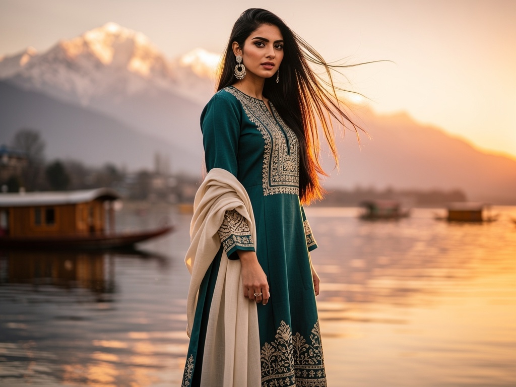 A young, tall, beautiful Kashmiri woman in a teal pheran standing by Dal Lake at golden hour, reflecting the timeless grace and cultural spirit of Kashmir