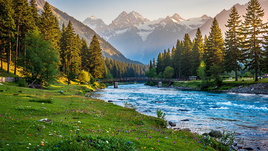 Pahalgam valley with Lidder River flowing through pine forests