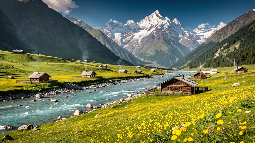 Sonamarg valley with yellow wildflowers and snow capped mountains